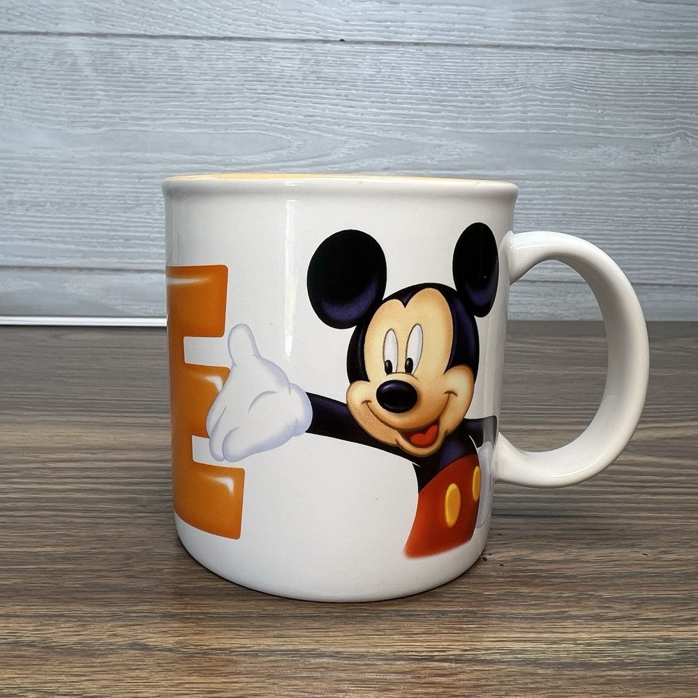 Disneyland‎ Paris Mickey Mouse Initial E ABC Coffee Mug White Orange Ceramic